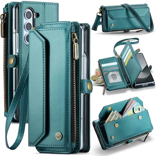 Dteck for Samsung Galaxy Z Fold 3 Flip Wallet Case with Shoulder/Wrist Strap, Built-in Elastic Pen Holder, Card Slots, Pocket, Button Closure, Stand Function, PU Leather Protective Folio Cover, Green - color: 01_Green, size: for Samsung Galaxy Z Fold 3