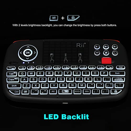 (Upgrade) Rii i4 Mini Bluetooth Keyboard with Touchpad, Blacklit Portable Wireless Keyboard with 2.4G USB Dongle for Smartphones, PC, Tablet, Laptop TV Box iOS Android Windows Mac.Black
