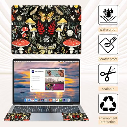 15.6 Inch Laptop Skin Sticker, Reusable Vinyl Cover Protector with 2 Wrist Pad Skins, Removable Waterproof Scratch-Resistant for 12-15.6 Inch Laptop Notebook,Mushrooms Moths - color: Mushrooms Moths