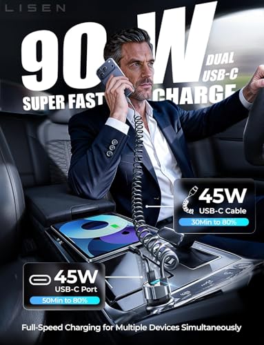 LISEN 90W for iPhone 17 16 15 Pro Max Car Charger USB C Fast Charge,Super Fast for iPhone 17 16 Car Charger USB C Adapter for iPhone 17e 16 15 Pro Max Plus Air,Samsung Galaxy S26 Ultra, Android - color: Black-60inch