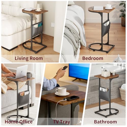 C Shaped End Table, Small Side Table for Couch, C Table that Slides Under Sofa with Storage Bag, TV Tray Table for Recliner, Living Room, Bedside, Bedroom, Small Spaces, Rustic Brown - color: Classic Rustic Brown