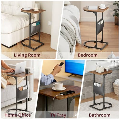 C Shaped End Table, Small Side Table for Couch, C Table that Slides Under Sofa with Storage Bag, TV Tray Table for Recliner, Living Room, Bedside, Bedroom, Small Spaces, Rustic Brown - color: Classic Rustic Brown