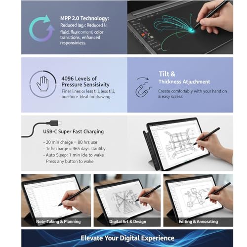 Rechargeable Stylus Pen for 16 13 Touchscreen Laptops, 4096 Pressure Levels Tilt Active Pen MPP 2.0 with Palm Rejection Eraser Shortcut Buttons (Black) - color: Black