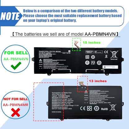 AA-PBMN4VN Laptop Battery 68Wh Compatible with Samsung Galaxy Book Pro 360 15 15.6" NP950XDB NP950XDB-KA1US NP950XDB-KB1US NP950XDB-KC3US NP950XDB-KC5US NP950QDB NP950QDB-KB1US NP950QED-KB1US 15.44V