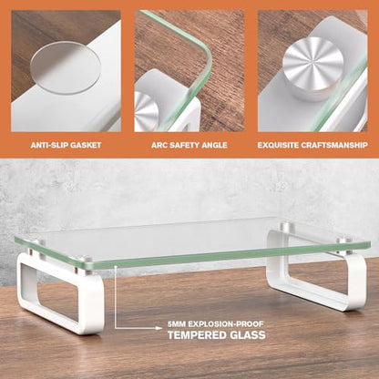 Hemudu Clear Computer Monitor Stand Riser Multi Media Desktop Stand for Flat Screen LCD LED TV, Laptop/Notebook, with Tempered Glass and Metal Legs, HD02T-001 - color: Clear