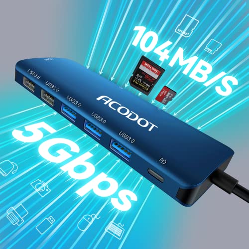 USB C Hub, 9-in-1 Multi-Port USB Adapter, 4K@60Hz HDMI, 100W Max PD, 3 USB3.0(5Gbps) + 2 USB2.0 Data Ports, SD/TF Card Reader for MacBook, iPad Pro, Dell, HP, Lenovo, Windows Laptop, Blue - color: Blue