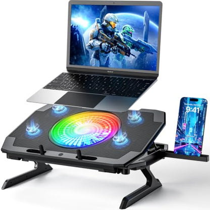 LP-2 Laptop Cooling Pad & Phone Holder, Dual-Mode Ergonomic Laptop Cooling Stand with 7 Adjustable Heights, 5 RGB High-Performance Quiet Laptop Fans, 2 USB Ports & 3 Speeds Laptop Cooler for 15–21Inch