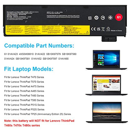 01AV423 01AV452 Laptop Battery Replacement for Lenovo ThinkPad T570 T580 T470 T480 P51S P52S TP25 A475 A485 01AV422 01AV424 01AV490 4X50M08810 SB10K97579 SB10K97580 SB10K97597 SB10K97581 - 11.4V 24Wh - size: 8.19*2.13*0.35inch 01AV423