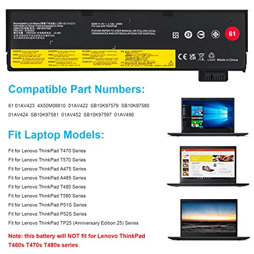 01AV423 01AV452 Laptop Battery Replacement for Lenovo ThinkPad T570 T580 T470 T480 P51S P52S TP25 A475 A485 01AV422 01AV424 01AV490 4X50M08810 SB10K97579 SB10K97580 SB10K97597 SB10K97581 - 11.4V 24Wh - size: 8.19*2.13*0.35inch 01AV423