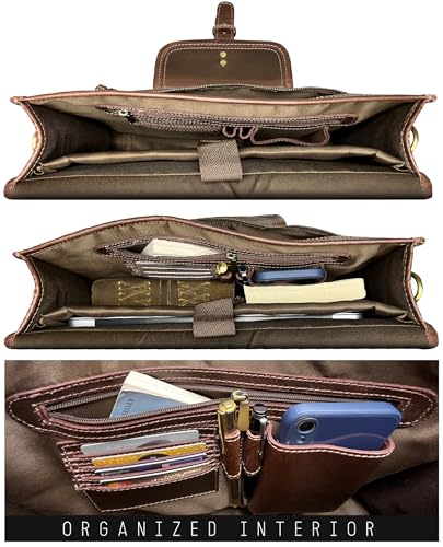 Leather Messenger Bag for Men - 16 Inch Laptop Briefcase, Office Satchel | Fits 16" Laptop & Documents, Top-handle, Removable Shoulder Strap, Brass Fittings, Luggage Sleeve, Organized Pockets - color: Mulberry