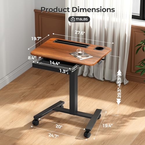28" Mobile Standing Desk with Drawer, Portable Laptop Desk | Rolling Desk with Cup Holder and Hooks, Height Adjustable Computer Cart with Storage, Lockable & Hidden Wheels, Dark Wood - color: Dark Wood, size: 28"