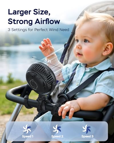 AMACOOL Baby Stroller Fan - 5000mAh Rechargeable, 3-Speed, Strong Yet Quiet, 360°Rotate Portable Clip on Fan for Travel, Car Seat, Crib, Bike, Treadmill, Beach Vacation Essentials - color: Black