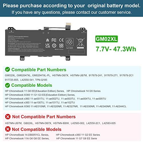 GB02XL GM02XL L42583-002 917725-855 Laptop Battery for HP Chromebook X360 14A 14-DB 11 G8 G7 G1 G2 EE/Chromebook 11A G8 G5 G6 EE/Chromebook 14 G5 14-DB0051CL 14-CA000NA L42583-005 L42550-271 - size: 9.45*2.99*0.2inch