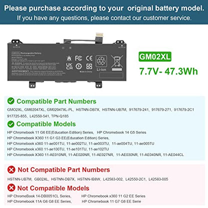 GB02XL GM02XL L42583-002 917725-855 Laptop Battery for HP Chromebook X360 14A 14-DB 11 G8 G7 G1 G2 EE/Chromebook 11A G8 G5 G6 EE/Chromebook 14 G5 14-DB0051CL 14-CA000NA L42583-005 L42550-271 - size: 9.45*2.99*0.2inch