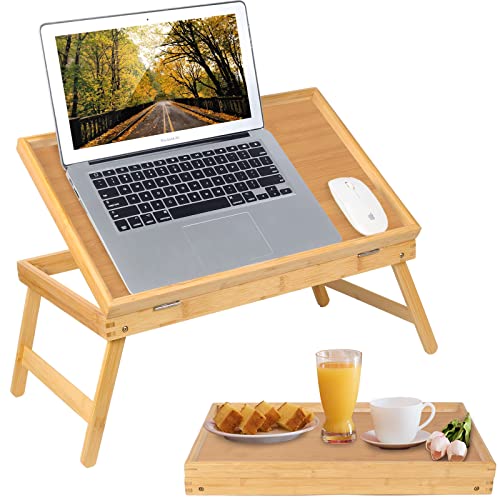 Artmeer FSC-Certified Bamboo Bed Tray Table, Tilting Top, Large, Beige | Large FSC-certified bamboo bed tray with tilting top, adjustable height and folding legs for meals and laptop work in bed. - color: Beige, size: Large