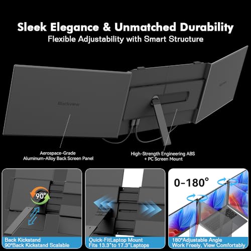 Blackview Triple Laptop Screen Extender 14 inch USB C Plug Play | Detachable 4.5mm 1kg, 1080P FHD IPS, 180° Rotate, Extend/Mirror/Portrait, 100W Reverse Charging, Compatible with Mac/Switch - color: DCM6-Triple