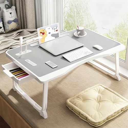 Laptop Bed Table, Laptop Desk for Bed, Foldable Laptop Bed Desk with USB Charge Port, Handle, Desktop Card Slot, Cup Slot, Side Drawer, Portable Laptop Table for Bed Eating Reading Working - color: Gray
