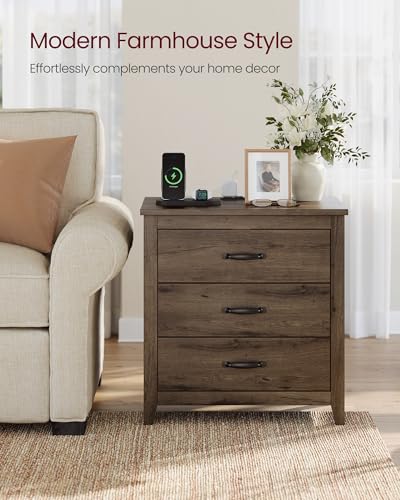 VASAGLE LIRY Collection - Farmhouse Nightstand with Charging Station, Set of 2, Bedside Tables, Side End Tables with 3 Drawers, for Bedroom, Taupe Brown ULET979T01 - color: Taupe Brown, size: 2 PACK, style: 23.6"W x 24.8"H With 3 Drawers