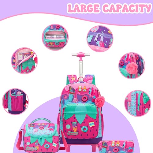 Girls Rolling Backpack with Lunch Box School Backpacks with Wheels 16.5" Roller Backpack for Girls, 3pcs Kids Wheeled Bookbag for Elementary School - color: Pink Strawberry