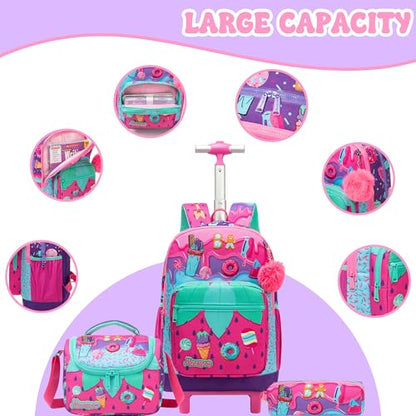 Girls Rolling Backpack with Lunch Box School Backpacks with Wheels 16.5" Roller Backpack for Girls, 3pcs Kids Wheeled Bookbag for Elementary School - color: Pink Strawberry