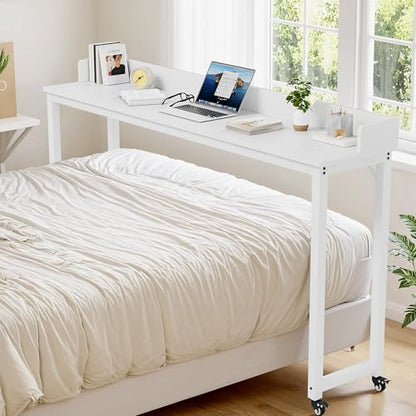 Clevich Overbed Table with Wheels, 16" D x 71" W x 41" H Mobile Bed Desk | Queen Full Size Mobile Computer Desk with eavy Duty Metal Leg, Standing Laptop Cart, for Bedroom, Living Room - color: White
