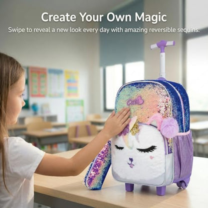 Kids Rolling Backpack for Girls, Champagne Sequins, 3PCS Set | Squinty Eyes, Trolley Suitcases Luggage Travel with Wheels,Bookbag Wheeled Toddler Back Pack Backpacks School Bags Elementary - color: Champagne-0121-miyan