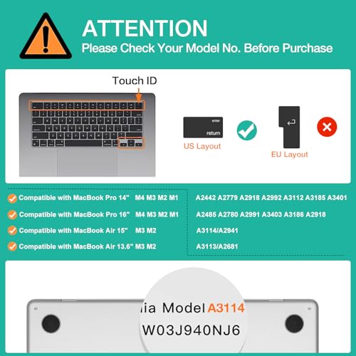 MOSISO Keyboard Cover Skin Compatible with MacBook Air 15 inch M3 M2 | A3114 A2941/Air 13.6 A3113 A2681/Pro 14/16 M4 M3 M2 M1, Black - color: Black