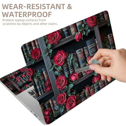 Universal Laptop Skin Sticker for 12/13/14/15.6 Inch Laptops, Reusable Vinyl Laptop Decal Cover, Waterproof Scratch Resistant Notebook Skin with 2 Wrist Pads,Red Roses Bookcase - color: Red Roses Bookcase