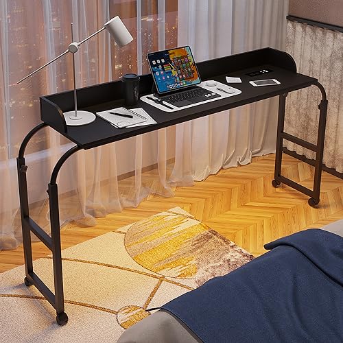 HWB Bed Table Desk with Wheels & Adjustable Height, LED Lights | Charging Station & AC Outlets, Over Bed Desk for King Size - color: Carbon Black