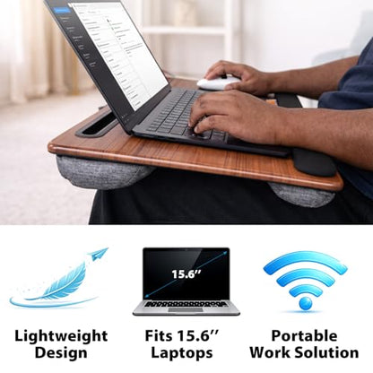 Cyberguys Comfort Lap Desk for Laptop up to 15.6 in – Black with Saddletan Wood Overlay with Mouse Pad, Phone & Tablet Slot, Dual Cushion Base, Wrist Rest & Carry Handle for Bed Desk Couch Sofa - color: Black With Saddletan Wood Overlay