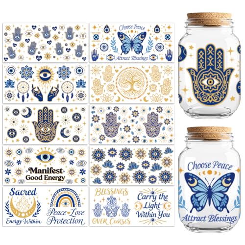 Hamsa Evil Eye UV DTF Cup Wraps, 10 Sheets Transfer Sticker | Waterproof UV DTF Stickers, Custom Vinyl Decals for 16oz Coffee Cups Tumblers Bottles Mugs, DIY Gifts & Crafts - style: Hamsa Hands and Evil Eye