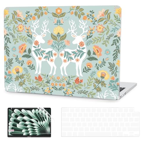 G JGOO Compatible with MacBook Air 13 inch Case 2026 2025-2022 M5 A3449 M4 A3240 M3 A3113 M2 A2681, Plastic Hard Shell for MacBook Air 13.6 inch Case + Keyboard Cover + Screen Protector, Deer - color: Deer and Flower