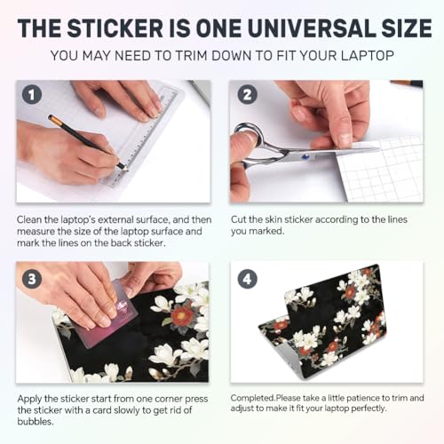 3Pcs Magnolia Flowers Laptop Skin Sticker Plants Universal Removable Vinyl Stickers Fits for 12.1 13 14 15.6 16 Inch Waterproof Notebook Decal Cover Gift for Woman - color: Black White and Red