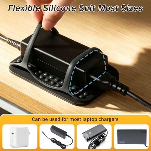 2 PACK Laptop Charger Holder Under Desk Power Brick Mount with Adhesive | Universal Silicone Flexible Non-Slip Power Adapter Organizer with Ventilated Design for Home, Office, Gaming Desk Dorm, Black