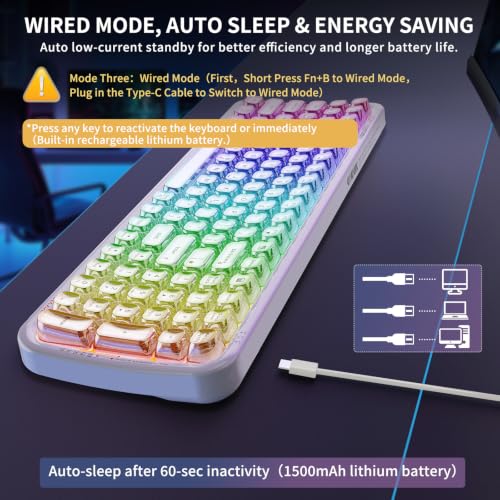 FOPETT Wireless Computer Keyboard with RGB Backlit, Tri-Mode Bluetooth 5.0/USB-C/2.4GHz Ergonomic Gaming Keyboard - Full-Size Rechargeable Transparent Keycap for Laptop/Windows/PC - White - color: 732 White