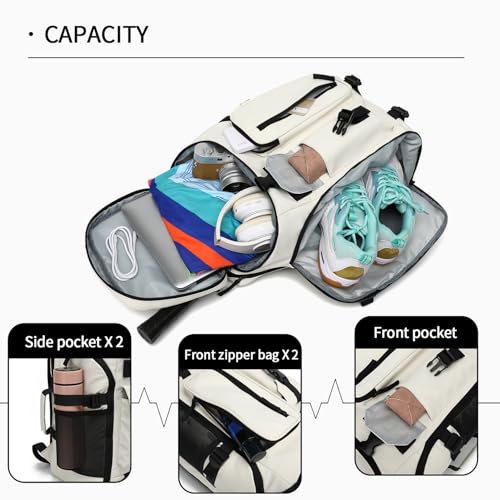 Kalesi Gym Duffle Bag Backpack 4-Way Waterproof with Shoes Compartment for travel Sport Hiking laptop - color: Sea Salt White02