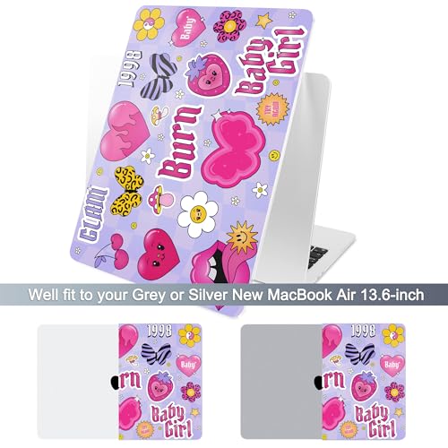 Batianda LumiArt Case for MacBook Air 13.6" M2-M5 Chip, Y2K Sticker | 4-in-1 set with cute fun Y2K sticker design, ultra slim hard shell protection for girls, teens, students and fun style lovers - color: Y2K Pink Collage