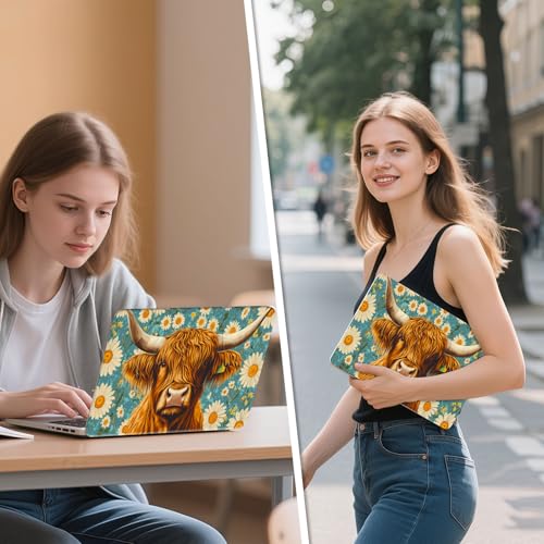 Universal Laptop Skin Sticker Decal, 12"-15.6" Aesthetic Vinyl Wrap, Highland Cow Daisies Teal Waterproof Notebook Cover Art Protector for MacBook HP Dell Lenovo, Fits 13" 14" 15" 15.6" - color: Highland Cow Daisies Teal