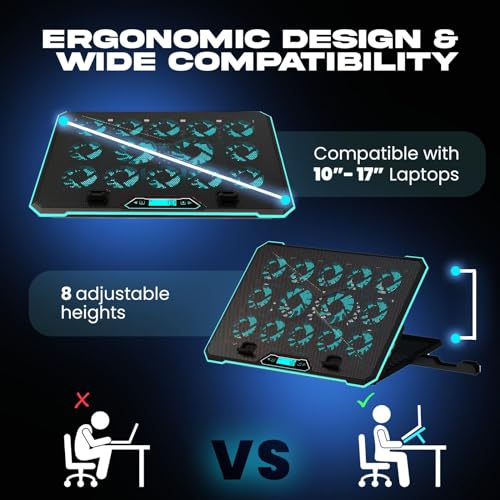 KLIM V14 Gaming Laptop Cooling Pad with 14 Fans + Gaming Laptop Cooler + Stable RGB Laptop Stand with Fan + Compatible up to 17 Inches + 2 USB Ports + Mobile Phone Holder + 5 Years Protection | Adjustable tilt angle - integrated mobile phone holder - 5 ye