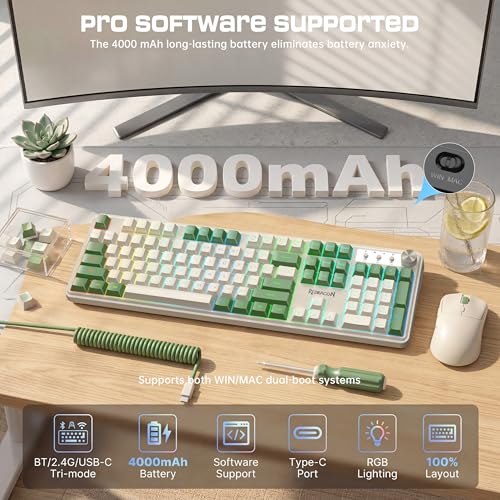 Redragon RM104 Wireless Gaming Keyboard with Knob, Tri-Mode BT/2.4G/USB-C RGB Computer Keyboards, 4000mAh Battery, Programmable Software Support, Anti-Ghosting, Compatible with PC Mac - White & Green - color: White-Green
