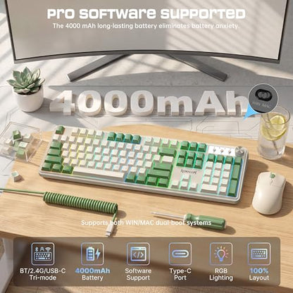 Redragon RM104 Wireless Gaming Keyboard with Knob, Tri-Mode BT/2.4G/USB-C RGB Computer Keyboards, 4000mAh Battery, Programmable Software Support, Anti-Ghosting, Compatible with PC Mac - White & Green - color: White-Green