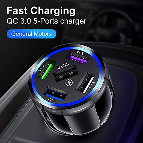 Car Charger Adapter, 5 Port QC3.0 Fast Charging Car Cigarette Lighter USB Charger, Compatible with iPhone, Android, Samsung, iPad Pro, and More (Black)