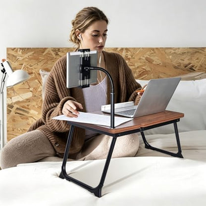 Foldable Lap Desk for Bed and Sofa, Portable Laptop Desk with Gooseneck Phone Stand, Cup Holder & Mouse Pad Extension, Extra Large Bed Desk Tray fits up to 17" Laptops (Walnut) - color: Walnut