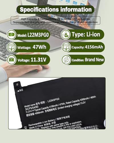 47Wh L22M3PG0 L22B3PG0 L22C3PG0 L22D3PG0 L22X3PG0 Battery Replacement for Lenovo 100e 300e 500e Yoga Chromebook Gen 4, IdeaPad Flex 3 Chrome 12IAN8, IdeaPad Slim 3 Chrome 14M868 Series –11.31V 4156mAh - size: 7.95*4.37*0.19 IN L22M3PG0