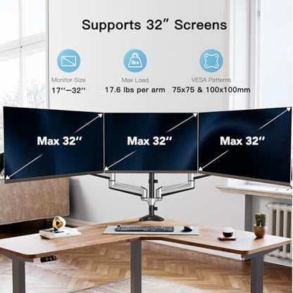 HUANUO Gaming Triple Monitor Stand, Full Motion Articulating Triple Monitor Mount Fit 17 to 32 inch Flat/Curved LCD Computer Screens with Clamp, Grommet Kit, Silver - color: Silver