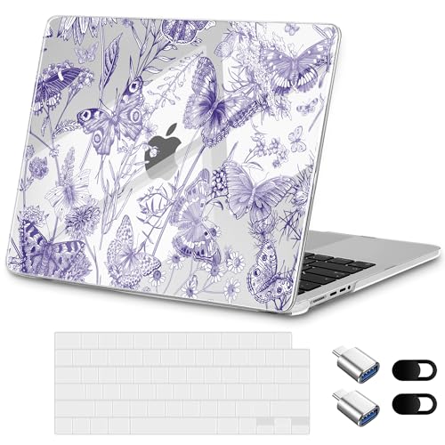 for MacBook Pro 14 inch Case 2025 M5 2024 M4 2023 Release– Fashionable Lightweight Floral Design Transparent HD Clear Laptop Shell, with TPU Keyboard Cover & OTG Adapters, Butterfly Blue - color: Butterfly Blue