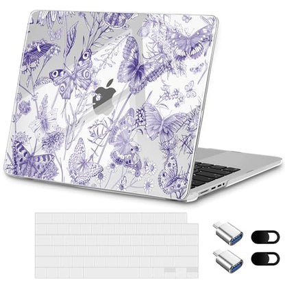 for MacBook Pro 14 inch Case 2025 M5 2024 M4 2023 Release– Fashionable Lightweight Floral Design Transparent HD Clear Laptop Shell, with TPU Keyboard Cover & OTG Adapters, Butterfly Blue - color: Butterfly Blue