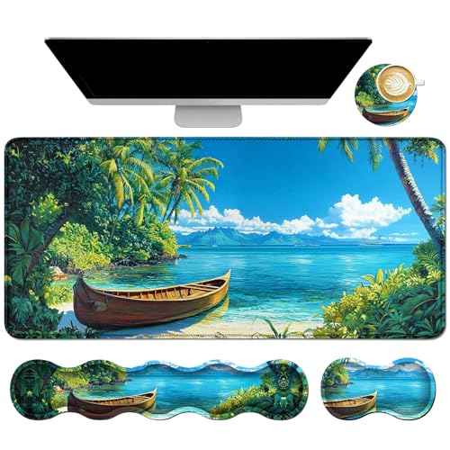 4Pcs Memory Foam Keyboard Mouse Wrist Rest Pad + Gaming Desk Mat 31.5" * 11.8" + Mouse Wrist Cushion + Coasters Set, Non-Slip Desk Pad Protector for Laptop Computer Home, Beach Palm Tree - color: Beach Palm Tree, size: 31.5 x 11.8 inches