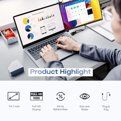 Mobile Pixels Duex Max DS Portable Monitor for Laptops (2026 Upgraded) | 14.1" Full HD IPS Laptop Screen Extender, USB C/HDMI Powered Plug and Play, Windows/Mac/Android/Switch Compatible - size: 14.1 inches