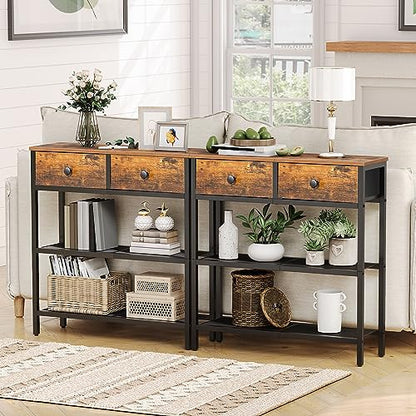 HOOBRO 29.5" Narrow Console Table with 2 Fabric Drawers, Sofa Table, Small Entryway Table with 3-Tier Storage Shelves, Behind Couch Table, for Living Room, Hallway, Rustic Brown and Black BF72XG01 - color: Rustic Brown + Black